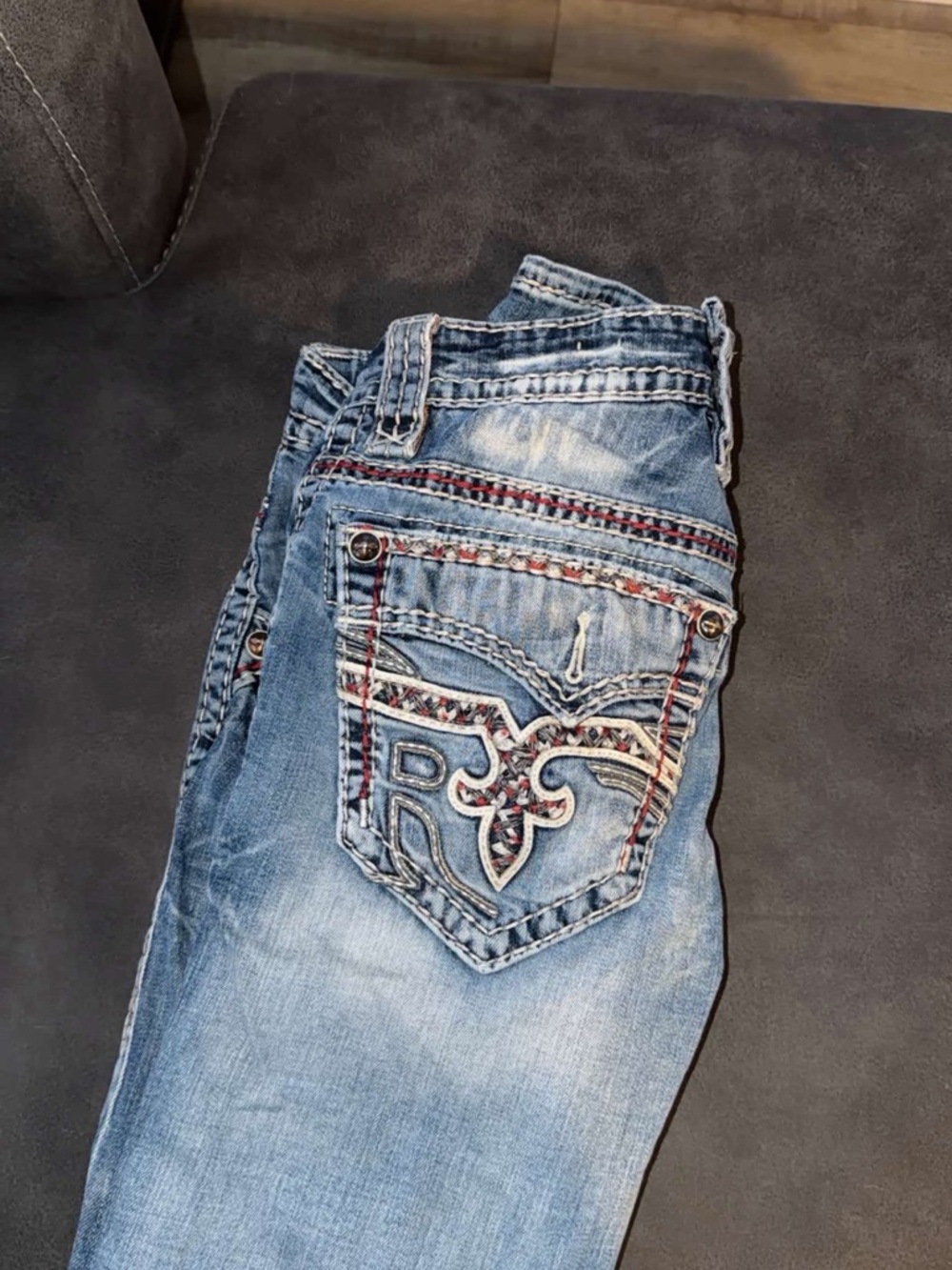 Distressed Blue mens Jeans with Embroidered Back Pocket